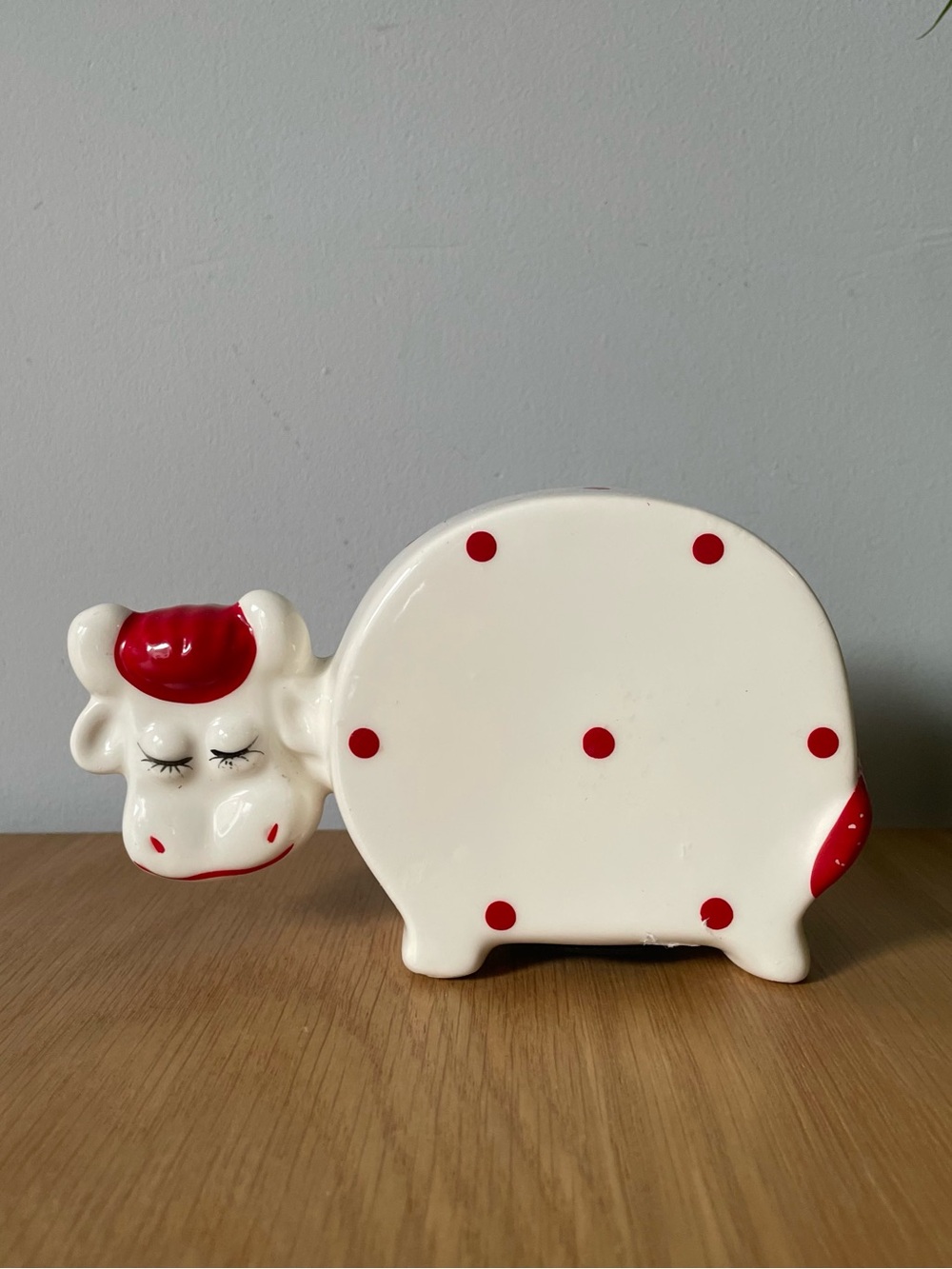 Vintage Mid-Century Red Polka Dot Cow Piggy Bank Ceramic Kitsch Japan
